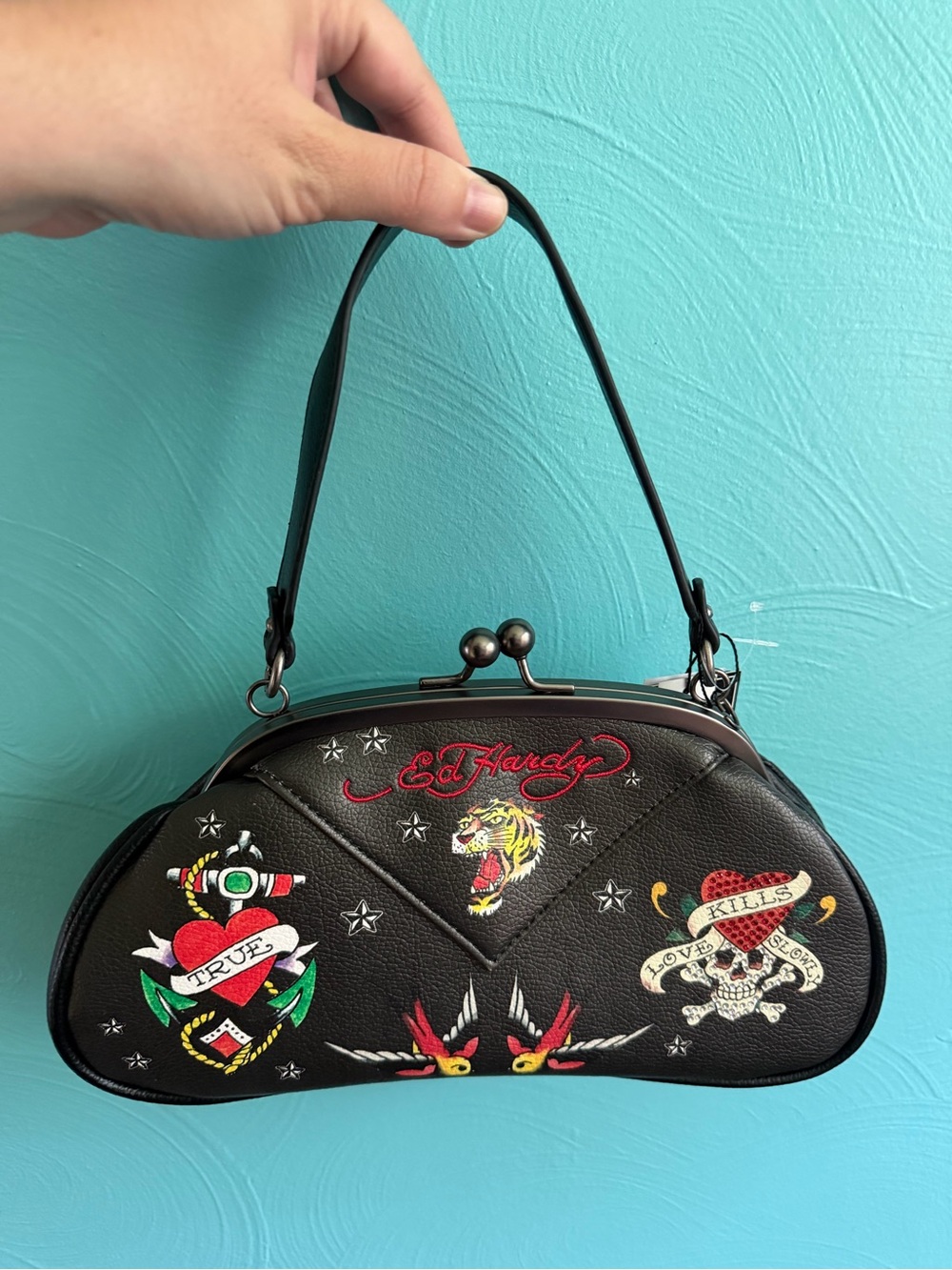 Ed Hardy Black Tattoo-Embroidered Kiss-Lock Wristlet